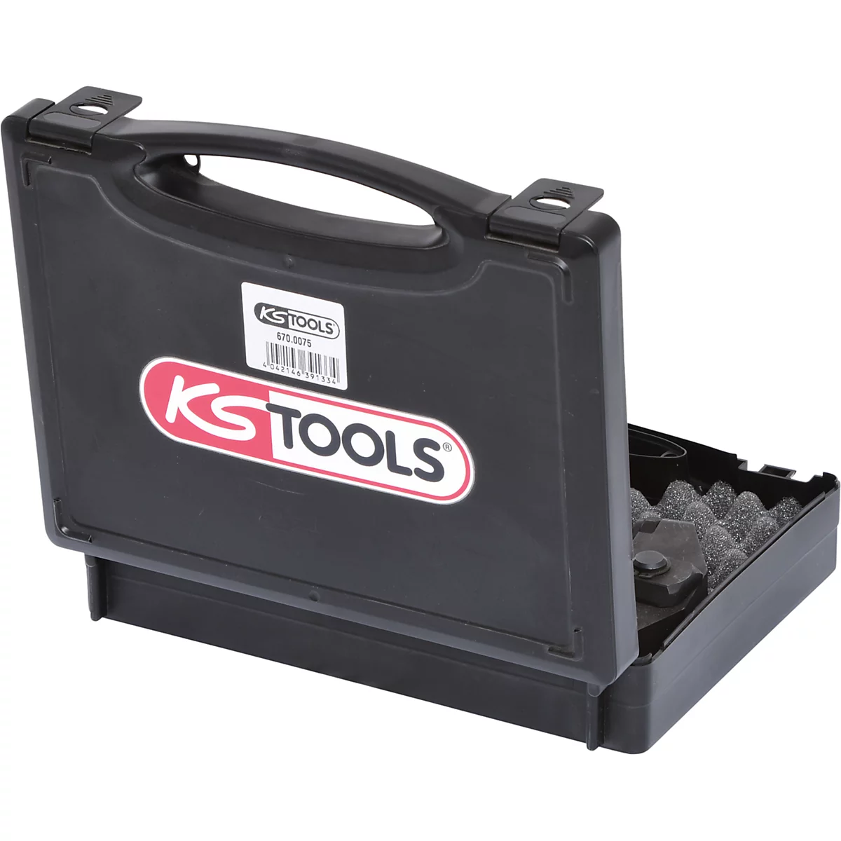 Schwarzer Werkzeugkoffer, teilweise geöffnet. Aufgedrucktes Logo: KS TOOLS.